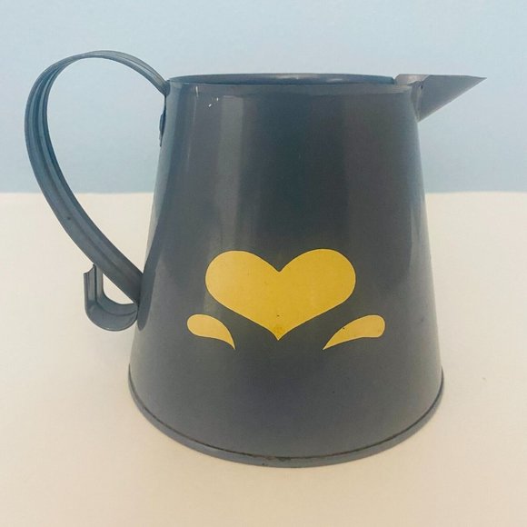 Metal Pitcher Planter Vase Blue With Beige Heart And Plastic Insert 4.5 Inches - Picture 3 of 12